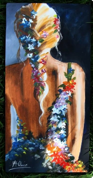 Painting of a womans back view with long blonde hair adorned with colorful flowers flowing down her spine, against a dark blue background