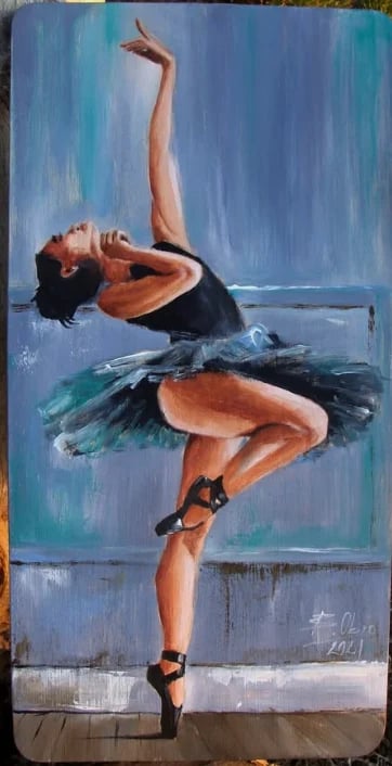 Oil painting of a ballerina in a black tutu performing an arabesque pose against a blue background