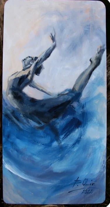 Abstract oil painting of a figure diving or falling through swirling blue water with arms outstretched