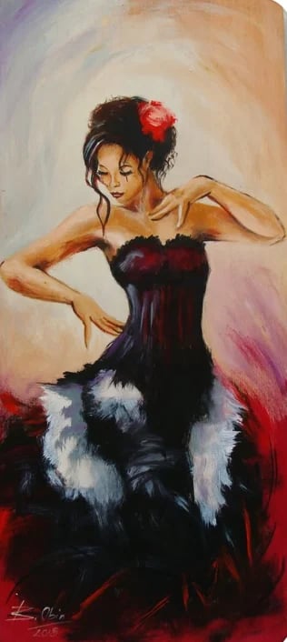 Elegant woman in black feathered gown with red rose in upswept dark hair, posed against soft pastel background