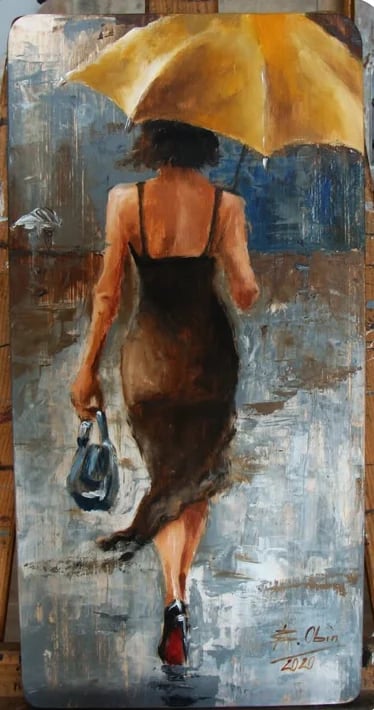 Woman in black dress holding yellow umbrella and blue purse, walking away in an impressionistic oil painting style