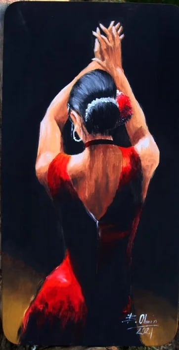 Acrylic painting of a woman in a red dress viewed from behind with arms raised above her head against a dark background