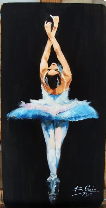 Painting of a ballet dancer in a blue tutu performing an arabesque pose with arms raised overhead on a black background