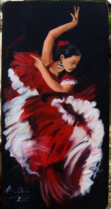 Painting of a flamenco dancer in a flowing red and white dress with arm raised against a dark background