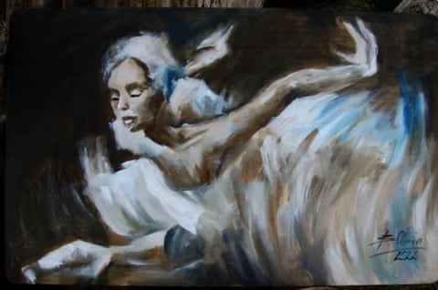Expressionist oil painting of a woman with white hair and glasses, rendered in white, blue, and brown tones with dynamic brushstrokes