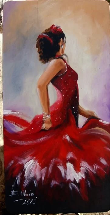 Acrylic painting of a ballet dancer in black tutu and pointe shoes posing at a barre against a blue background