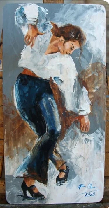 Oil painting of woman in white top and blue jeans holding pillow, dated 2020