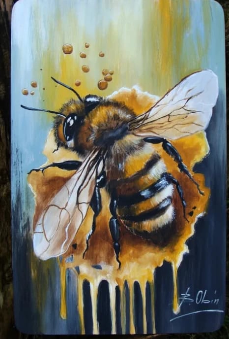 Detailed painting of a honey bee on a golden honeycomb with dripping honey, against a blue and yellow gradient background