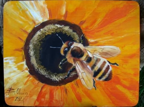 Painting of a honeybee pollinating a large sunflower with orange and yellow petals
